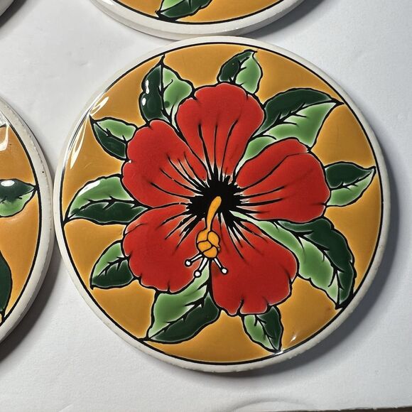 Tropical Flower Coasters, Hibiscus Coasters, Ceramic Coasters Colorful Floral - Picture 3 of 7